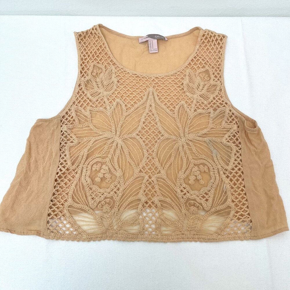 Forever 21 Contemporary Taupe Lace Sheer Short Sleeve Tank Top Women's Medium